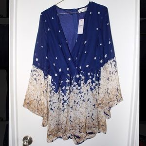 Navy and tan floral romper